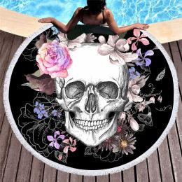 Beddingoutlet Sugar Skull Round Beach Towel Floral Tassel Tapestry Pink And Black Yoga Mat Flower Gothic Toalla Blanket 150Cm