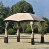 10Ft W*12Ft L Outdoor Double Vents Gazebo Patio Metal Canopy With Screen And Led Lights For Backyard, Poolside, Brown
