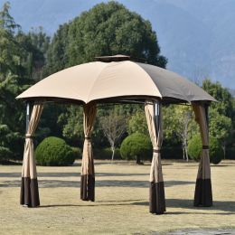 10Ft W*12Ft L Outdoor Double Vents Gazebo Patio Metal Canopy With Screen And Led Lights For Backyard, Poolside, Brown