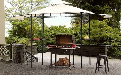12Ft.Lx4.3Ft.W Iron Double Tiered Backyard Patio Bbq Grill Gazebo With Bar Counters, Beige