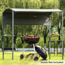 Outdoor 7Ft.Wx4.5Ft.L Iron Double Tiered Backyard Patio Bbq Grill Gazebo With Side Awning, Bar Counters And Hooks, Gray