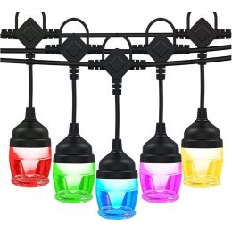 32Ft Outdoor String Lights Rgb Led Smart Patio Lights With 12 Colors Waterproof Shatterproof;  25 Dimming Modes;  Music Control