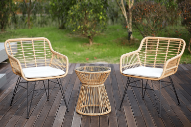Balcony Furniture, 3 Piece Patio Set, Outdoor Wicker Chairs With Glass Top Table And Soft Cushion, Rattan Front Porch Furniture