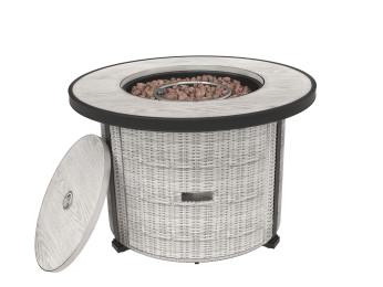 36In Round Gas Fire Pit Table,50,000 Btu Outdoor Wicker Propane Firepit W/Lid, Lava Rock, Fit For Ou
