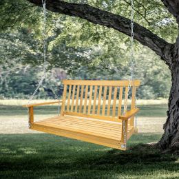Front Porch Swing With Armrests, Wood Bench Swing With Hanging Chains,For Outdoor Patio ,Garden Yard, Porch, Backyard, Or Sunroom,Easy To Assemble,Tea