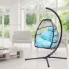 Patio Wicker Folding Hanging Chair ,Rattan Swing Hammock Egg Chair With C Type Bracket ,With Cushion And Pillow,For Indoor,Outdoor Blue