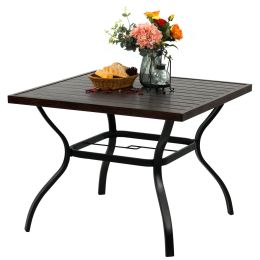 Meooem 37 Inch Patio Dining Table With 1.57 Inch Umbrella Hole, Wooden-Like Top Metal Steel Square Table For Garden, Backyard, Bistro