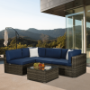 Beefurni Outdoor Garden Patio Furniture 5-Piece Dark Gray Pe Rattan Wicker Sectional Navy Cushioned Sofa Sets With 2 Begie Pillows