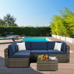 Beefurni Outdoor Garden Patio Furniture 5-Piece Dark Gray Pe Rattan Wicker Sectional Navy Cushioned Sofa Sets With 2 Begie Pillows