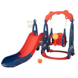 3 In 1 Slide And Swing Set With Basketball Hoop For 1-8 Years Old Children Indoor And Outdoor, Red & Blue Xh