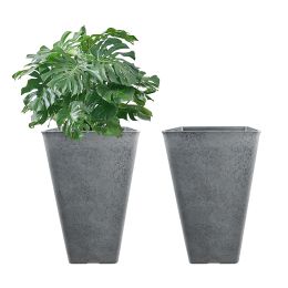 2 Pcs 20"H Tall Planters Plastic Plant Pots With Drainage, 12"W Large Square Tree Pot With Cement Pattern, Dark Grey