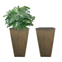 2 Pcs 20"H Tall Planters Plastic Plant Pots With Drainage, 12"W Large Square Tree Pot With Cement Pattern, Rust Brown
