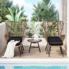 Outdoor Patio 5-Piece Rattan Conversation Set, Pe Wicker Arm Chairs With Stools And Tempered Glass Tea Table For Balcony, Natural Rattan+Dark Gray