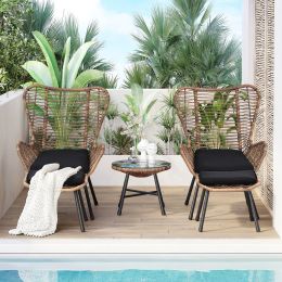 Outdoor Patio 5-Piece Rattan Conversation Set, Pe Wicker Arm Chairs With Stools And Tempered Glass Tea Table For Balcony, Natural Rattan+Dark Gray
