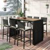 Outdoor Patio 7-Piece Rattan Dining Table Set, Pe Wicker Bar Furniture Set With Wood Tabletop And 6 Dining Chairs For Backyard, Garden, Black Rattan+B