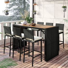 Outdoor Patio 7-Piece Rattan Dining Table Set, Pe Wicker Bar Furniture Set With Wood Tabletop And 6 Dining Chairs For Backyard, Garden, Black Rattan+B