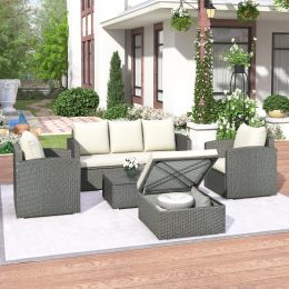 Outdoor Patio 5-Piece All-Weather Pe Wicker Rattan Sectional Sofa Set With Multifunctional Table And Ottoman, Gray Wicker+ Beige Cushion