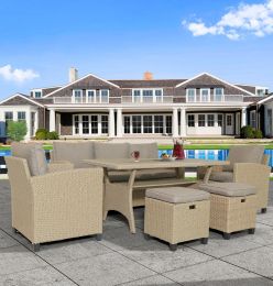 6 Piece Outdoor Rattan Wicker Set Patio Garden Backyard Sofa, Chair, Stools And Table