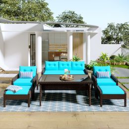 6-Piece Outdoor Patio Pe Wicker Rattan Sofa Set Dining Table Set With Removable Cushions And Tempered Glass Tea Table For Backyard, Poolside, Deck