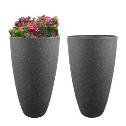 2 Pcs 20" H Tall Planters Plastic Plant Pots With Drainge, 11" W Large Round Tree Pot With Marble Pattern, Black