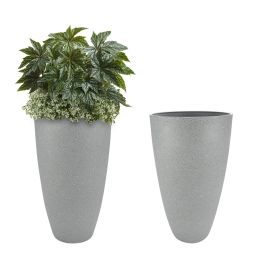 2 Pcs 20" H Tall Planters Plastic Plant Pots With Drainge, 11" W Large Round Tree Pot With Marble Pattern, Light Grey