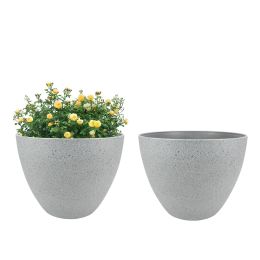 2 Pcs 14" Round Plant Pots, Flower Pots With Drainage Holes, Light Gray