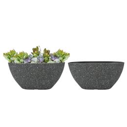 2 Pcs 14" Oval Plant Pots, Flower Pots With Drainage Holes, Plastic Planter With Marble Pattern For Home Garden, Black