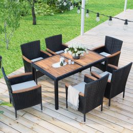 7-Piece Outdoor Patio Dining Set, Garden Pe Rattan Wicker Dining Table And Chairs Set, Acacia Wood Tabletop, Stackable Armrest Chairs With Cushions