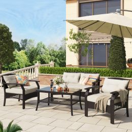 4 Piece Rattan Sofa Seating Group With Cushions, Outdoor Ratten Sofa
