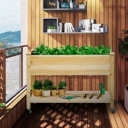 Wood Elevated Planter Bed With Lockable Wheels Shelf And Liner