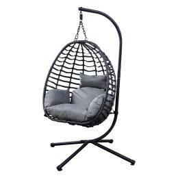 Outdoor Wicker Swing Chair With Stand For Balcony, 37"Lx35"Dx78"H (Grey)