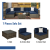 Beefurni Outdoor Garden Patio Furniture 7-Piece Dark Gray Pe Rattan Wicker Sectional Navy Cushioned Sofa Sets With 2 Begie Pillows