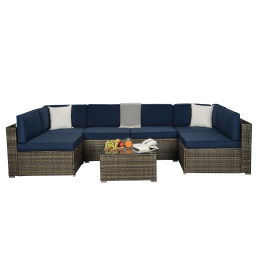 Beefurni Outdoor Garden Patio Furniture 7-Piece Dark Gray Pe Rattan Wicker Sectional Navy Cushioned Sofa Sets With 2 Begie Pillows