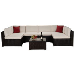Beefurni Outdoor Garden Patio Furniture 7-Piece Brown Pe Rattan Wicker Sectional Beige Cushioned Sofa Sets With 2 Red Pillows Beefurni Outdoor Garden