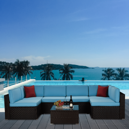 Outdoor Garden Patio Furniture 7-Piece  Pe Rattan Wicker Sectional Cushioned Sofa Sets