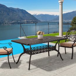 60" X 36" Rectangle Outdoor Patio Dining Table, Powder-Coated Cast Aluminum Frame With Umbrella Hole Metal Rust-Free Furniture For Lawn Garden Backyar