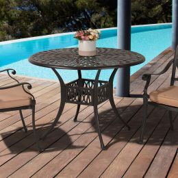 42" X 42" Round Outdoor Patio Dining Table, Powder-Coated Cast Aluminum Frame With Umbrella Hole Metal Rust-Free Furniture For Lawn Garden Backyard, D