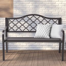 50" Outdoor Patio Bench, Cast Iron 2-Person Metal Bench With Basket-Weave Design Backrest, Patio Furniture Chair For Porch Park Garden, Dark Brown