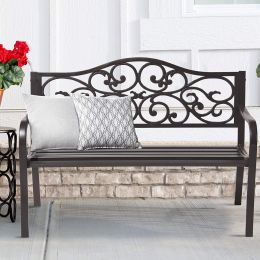 50" Outdoor Patio Bench, Cast Iron 2-Person Metal Bench With Floral Design Backrest, Patio Furniture Chair For Porch Park Garden, Dark Brown