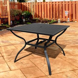 Square Aluminum Outdoor Dining Table 4-Seats Metal Frame Rust Resistant Furniture With Steel Slat Top And Umbrella Hole For Lawn Backyard Garden, Dack