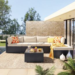 6-Piece Patio Furniture Set Corner Sofa Set With Thick Removable Cushions, Pe Rattan Wicker, Outdoor Garden Sectional Sofa Chair, Removable Beige Cush