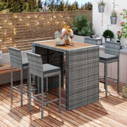 5-Pieces Outdoor Patio Wicker Bar Set, Bar Height Chairs With Non-Slip Feet And Fixed Rope, Removable Cushion, Acacia Wood Table Top, Brown Wood And G