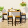 5-Piece Outdoor Patio Wicker Bar Set, Garden Pe Rattan Wicker Dining Table, Square Stool Set, Foldable Tabletop, Acacia Wood Tabletop, High-Dining Bis