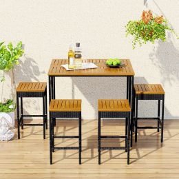 5-Piece Outdoor Patio Wicker Bar Set, Garden Pe Rattan Wicker Dining Table, Square Stool Set, Foldable Tabletop, Acacia Wood Tabletop, High-Dining Bis
