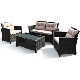 4 Pieces Outdoor Rattan Armrest Furniture Set Table With Lower Shelf