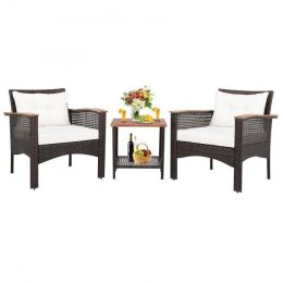 3 Pieces Patio Rattan Furniture Set With Acacia Wood Tabletop