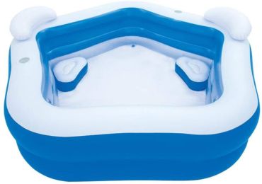 84 In. L X 82 In. W X 27 In. H Blue 2-Seat Rectangle Inflatable Pool Family Paddling Pool With Headrest Cup Holder
