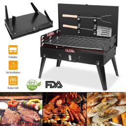 16.7X10X17.7In Portable Charcoal Grill Foldable Bbq Suitcase Grill Shelf For Outdoor Camping Picnics Garden Grilling