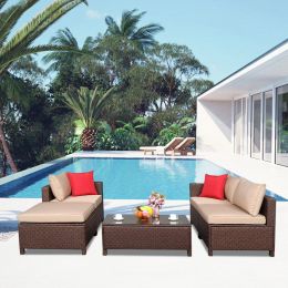 Outdoor 5-Piece Set Patio Furniture Sectional Sofa Sets All Weather Rattan Manual Wicker Conversation Set With Cushions And Table Xh