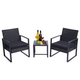 3 Pieces Patio Set Outdoor Wicker Patio Furniture Sets Modern Set Rattan Chair Conversation Sets With Coffee Table For Yard And Bistro (Black) Rt